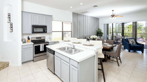 Fridge, microwave, oven, stovetop