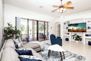 TV, video games, foosball, stereo