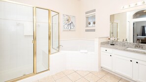 Shower, hair dryer, shampoo