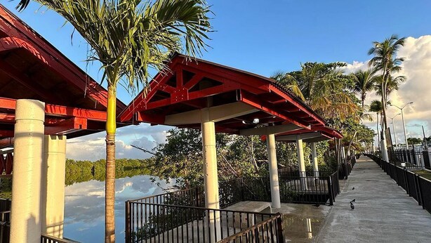 A covered walkway with palm trees, a concrete path, and a red-roofed structure. - Lakefront with Power and Water Backup Near Airport & Beach (Carolina)