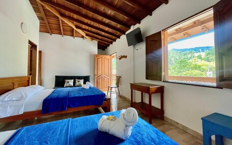 A hotel room with two beds, a wooden ceiling, a TV, a window with a view of greenery, and a small table.