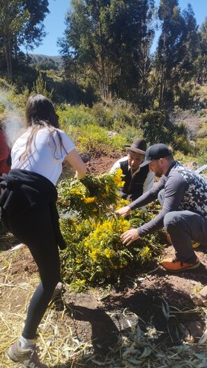 A group of people engaged in gardening activities in an outdoor setting with trees and vegetation in the background. - Casa de Primo (Capachica)