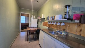 Una cocina compacta con encimera de madera, un lavabo y un refrigerador.