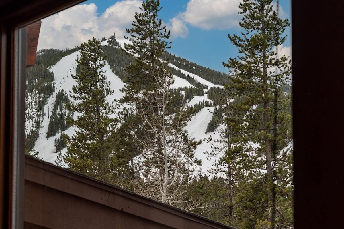 A mountain view through a window with snow-covered slopes and pine trees.