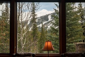 Une pièce dotée d’une grande fenêtre donnant sur une montagne boisée.