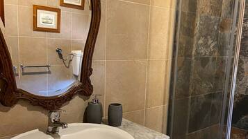 Shower, hair dryer, bidet, towels