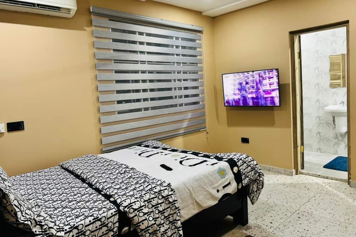 Une chambre à coucher avec un lit, une télévision, une fenêtre avec des stores et une porte de salle de bain.