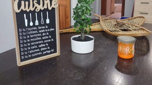 Una encimera de cocina con un cartel que enumera las normas de la cocina, una planta en maceta y un pequeño recipiente.