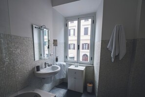 Shower, hair dryer, bidet, towels