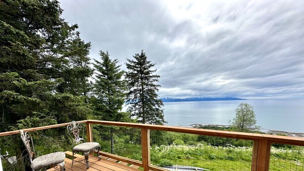 A wooden deck with a metal railing, overlooking a lake and forested area. - Paradise Suites Eagles Nest Apt C (Homer)