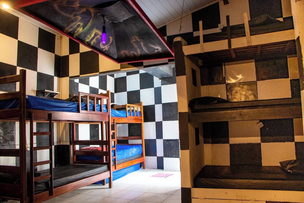 A dormitory room with bunk beds, checkered walls, and a ceiling light.