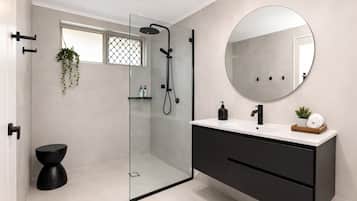 Shower, hair dryer, towels