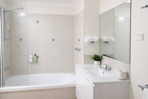 Hair dryer, towels, soap, shampoo