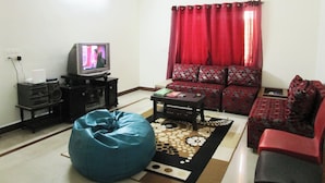 A living room with a television, sofa, and bean bag chair.