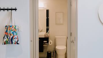 Un pasillo que conduce a un baño con inodoro, lavamanos y espejo.