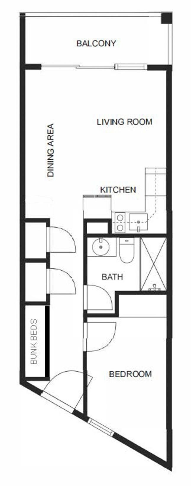 Plano de planta con balcón, sala de estar, comedor, cocina, baño y camas literas.