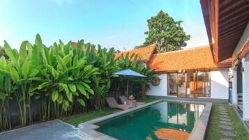Outdoor pool, pool umbrellas, pool loungers