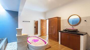 Hair dryer, bidet, towels, soap
