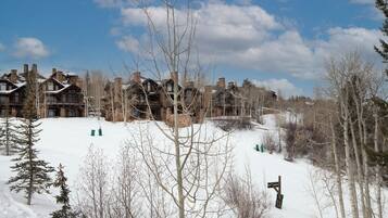 A snow-covered landscape with a large lodge featuring multiple chimneys and a wooden facade.
