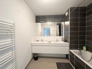Hair dryer, towels, soap, shampoo