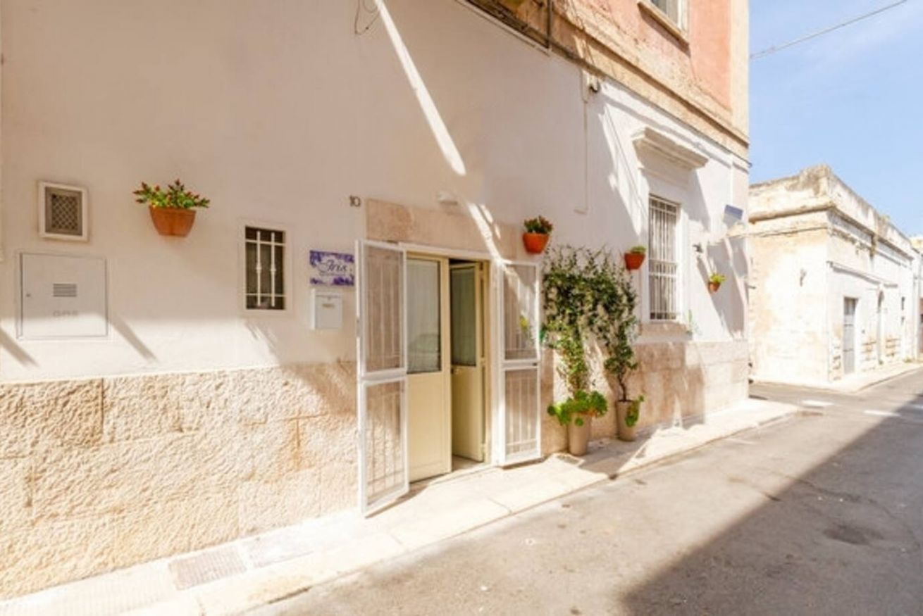 Un bâtiment à la façade blanche, avec une porte et plusieurs plantes en pot.