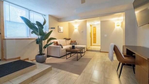 Ein modernes Wohnzimmer mit einer Couch, einem Couchtisch und einem Blumentopf.