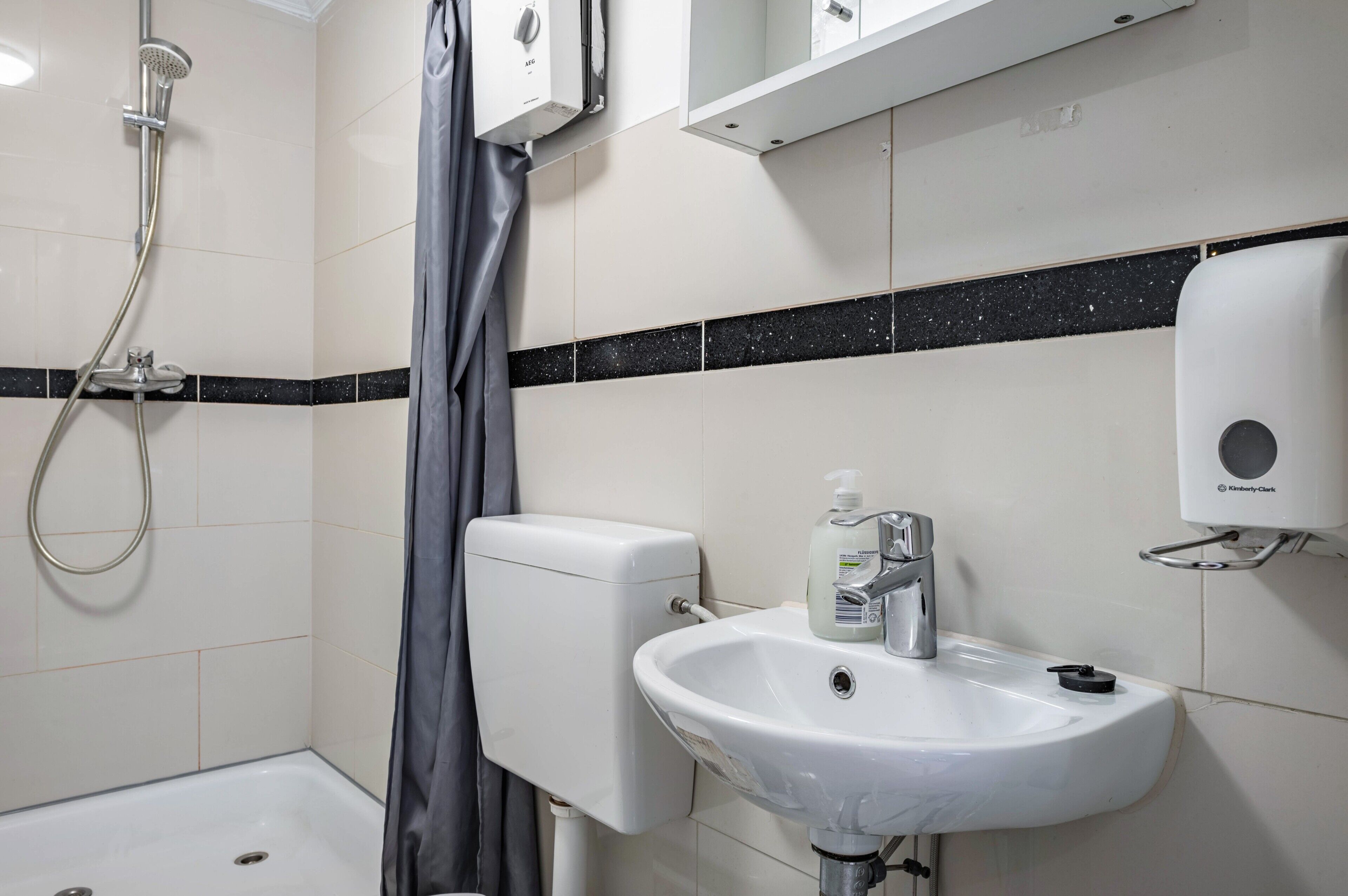 Un bagno con doccia, WC, lavandino e dispenser per sapone.