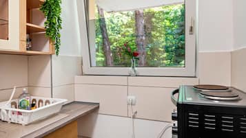 Fridge, microwave, stovetop, electric kettle