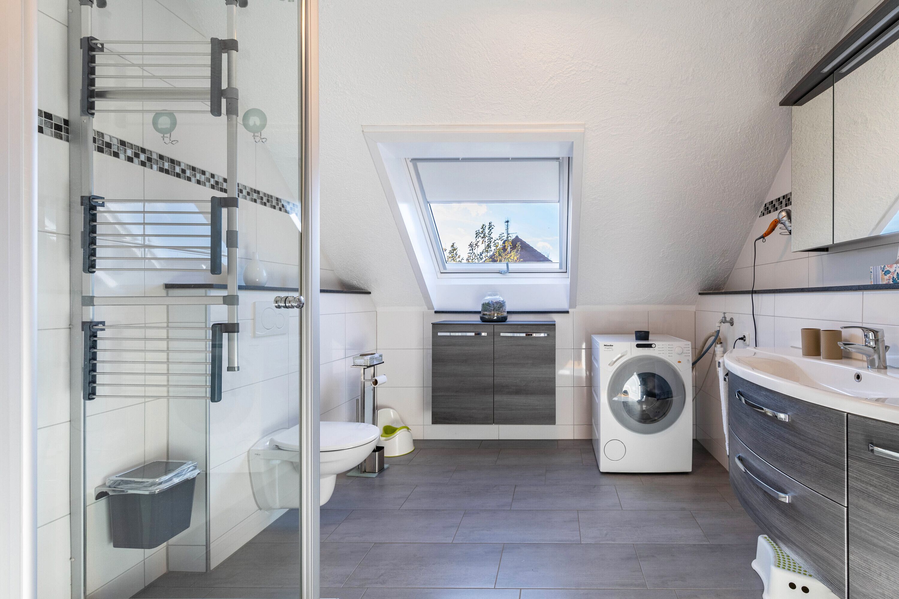 Shower, hair dryer, towels