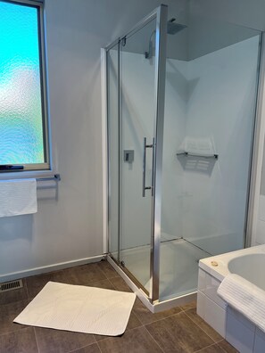 Shower, towels, soap, toilet paper