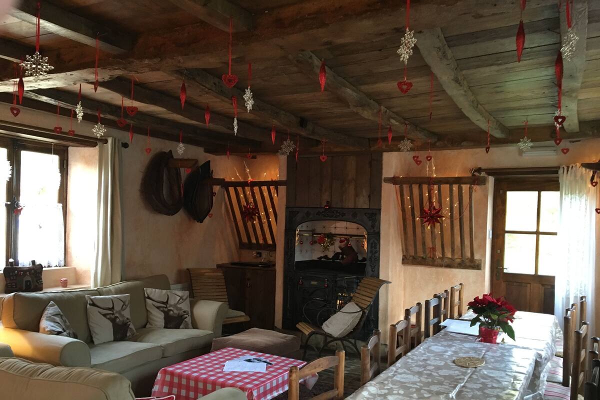 Een gezellige woonkamer met een bank, een tafel met geruit tafelkleed, houten stoelen en een open haard.