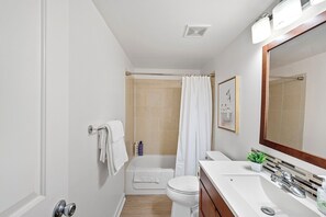 Hair dryer, towels, soap, toilet paper