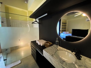 Hair dryer, towels, soap, toilet paper