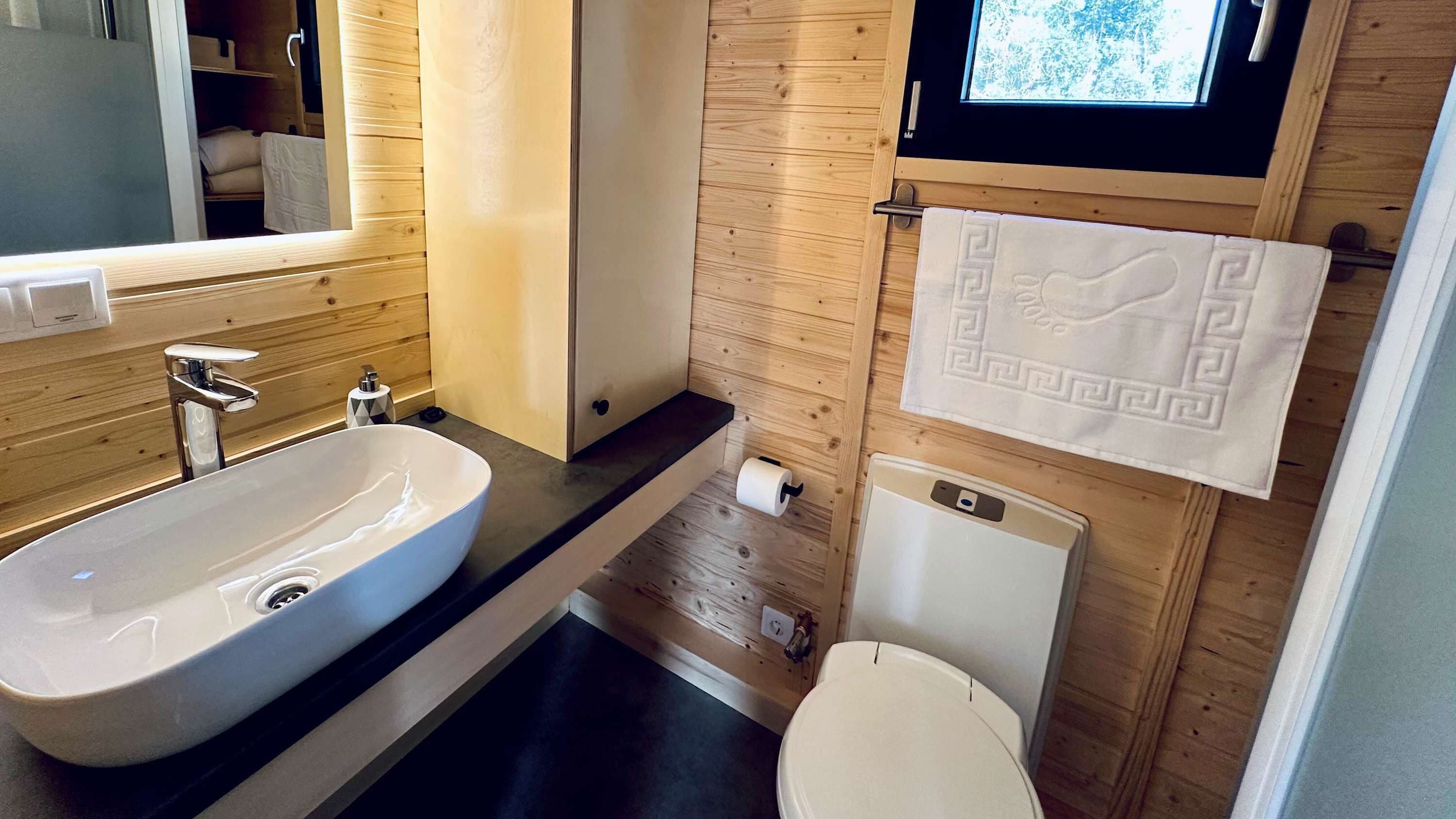 Une salle de bain moderne avec un lavabo sur pied, des toilettes et une petite fenêtre.