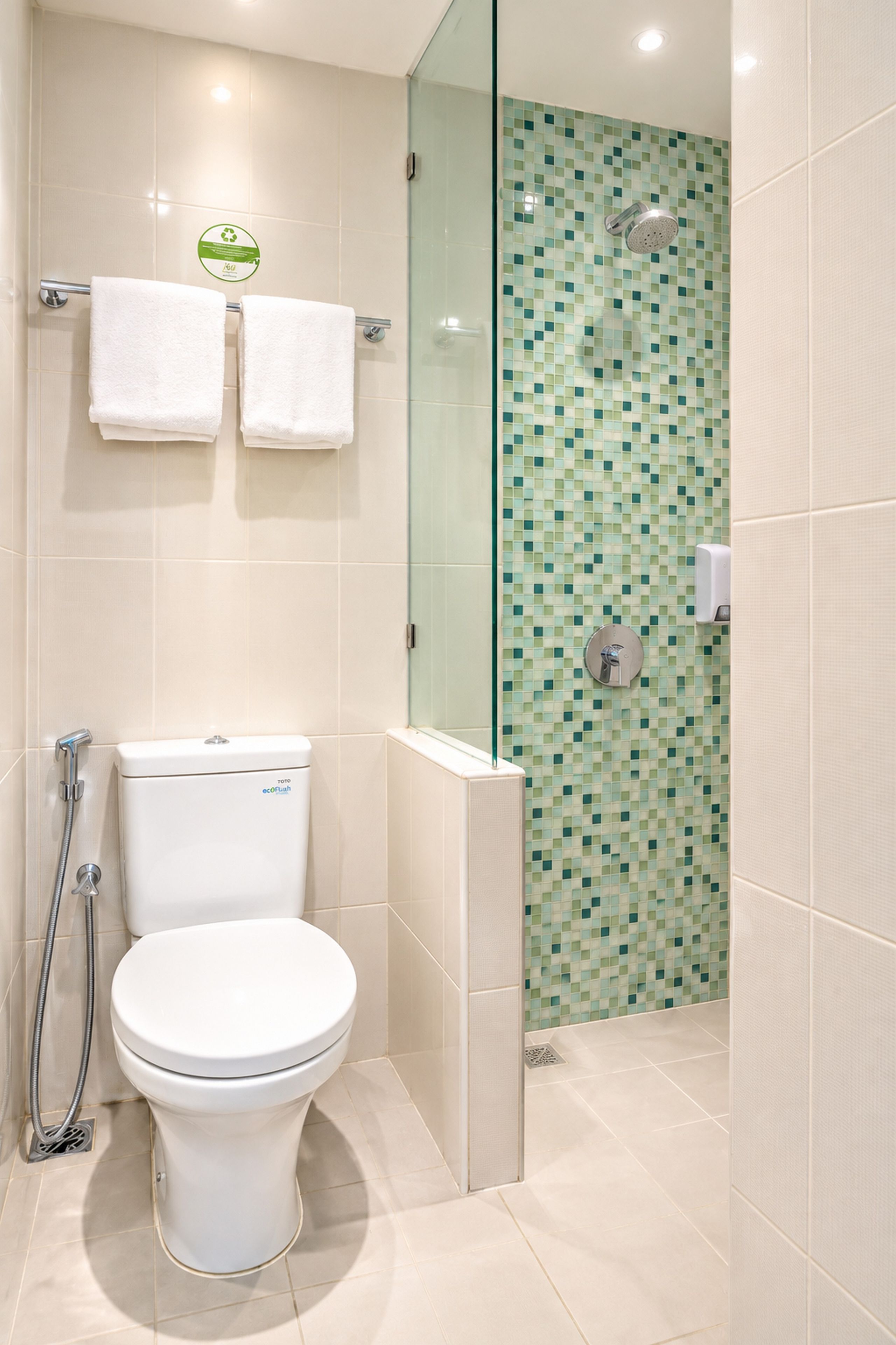 A modern bathroom with a toilet, a glass shower enclosure, and a tiled wall.