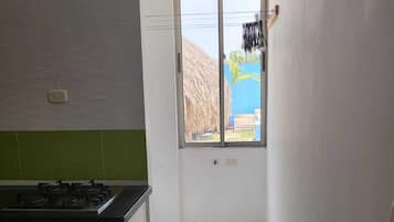 Fridge, microwave, stovetop, electric kettle