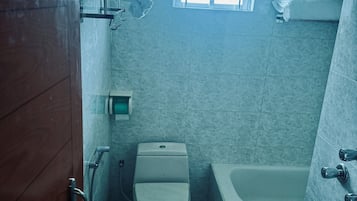 Hair dryer, towels, soap, toilet paper