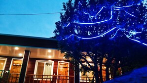 A building with a wooden facade, a visible entrance, and a tree with blue lights.