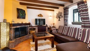 Una sala de estar acogedora con chimenea, un sofá, una mesa de centro y un televisor.