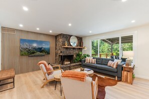 Smart TV, fireplace, books