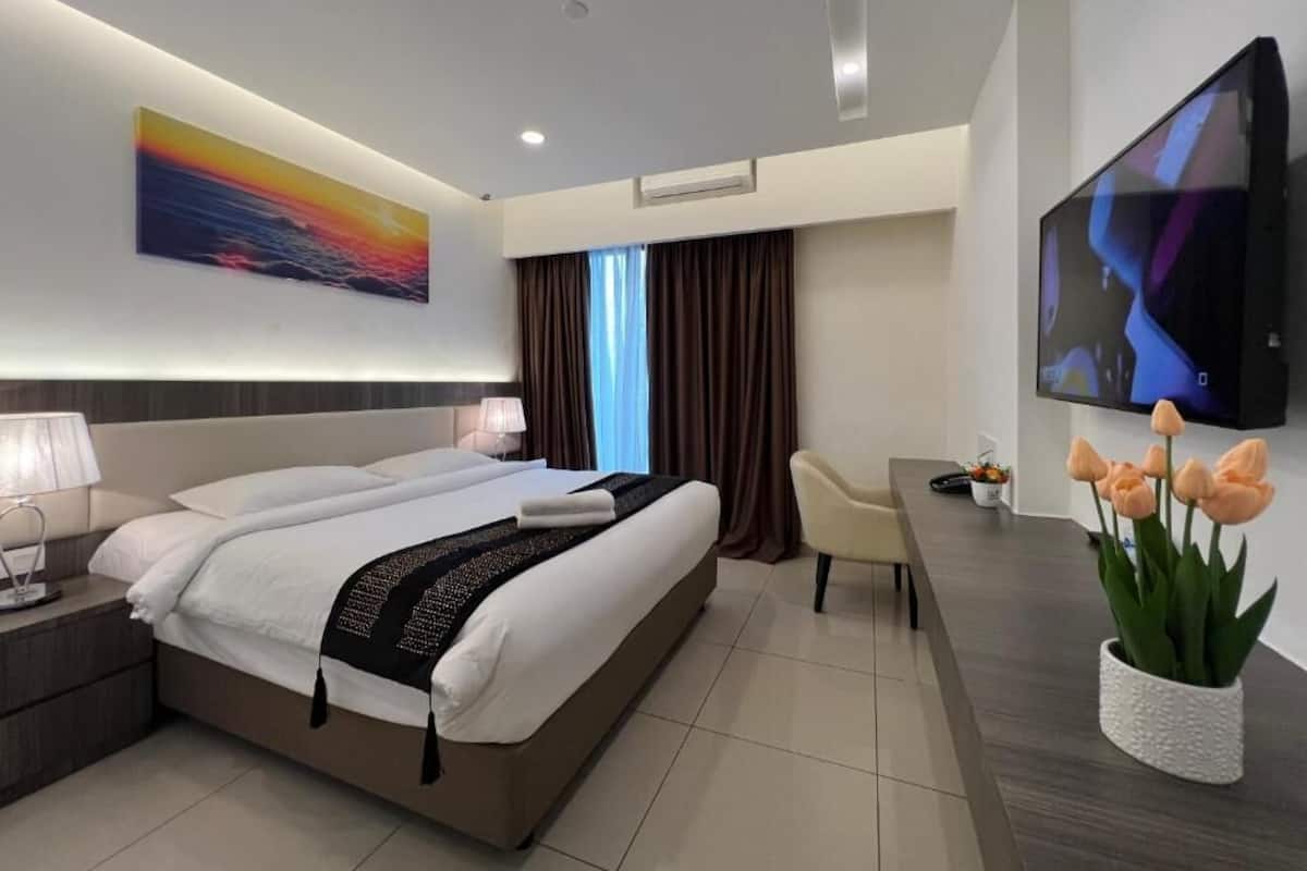 In-room safe, desk, laptop workspace, blackout curtains