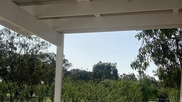 Un espace extérieur abrité, avec une table et des chaises, donnant sur un vignoble.