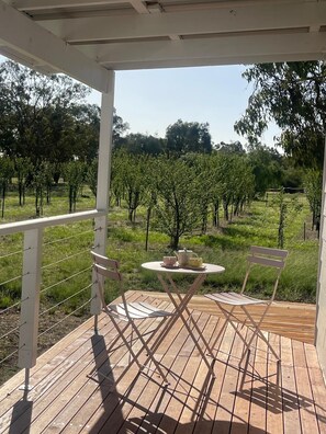 Een overdekt terras met een tafel en stoelen, met uitzicht op een wijngaard.