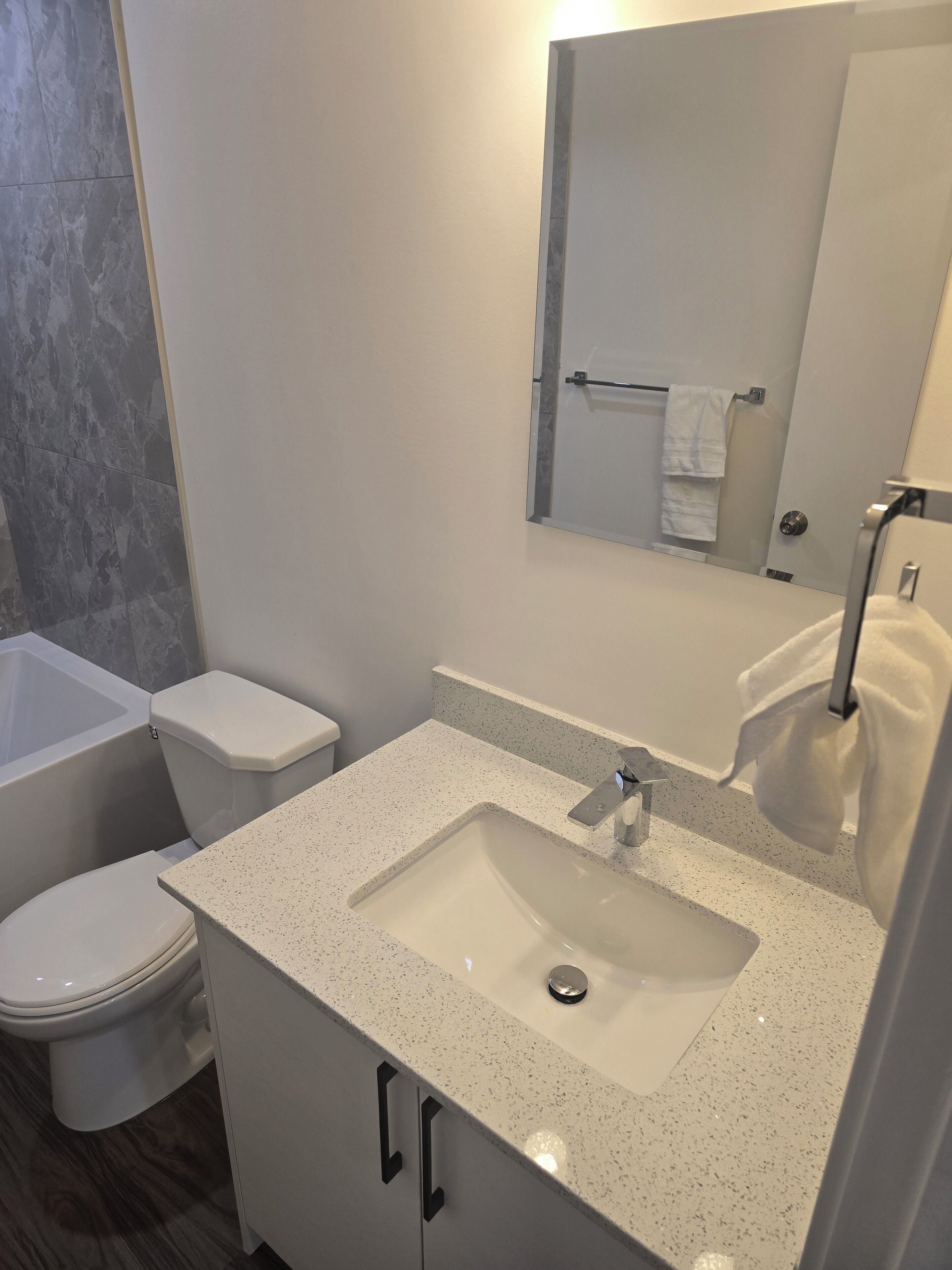Hair dryer, towels, soap, shampoo
