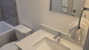 Hair dryer, towels, soap, shampoo