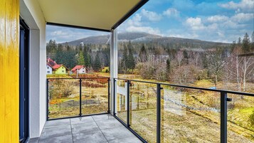 Un balcón con vistas despejadas a un paisaje montañoso, casas y un bosque.