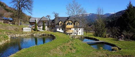 Una casa tradicional europea con un estanque y un pequeño puente, rodeada de árboles y colinas.