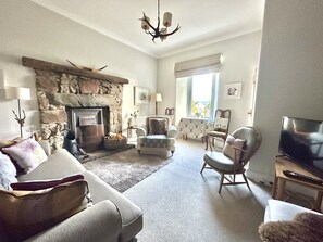 TV, fireplace, DVD player, books
