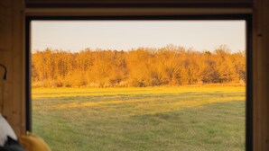 A room with a large window offering a view of a grassy field and a forest. - L'Échappée Royale - Tiny House 20 minutes from Beauval Zoo (Billy)