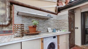 A compact kitchen with a washing machine, a potted plant, and a wooden crate.